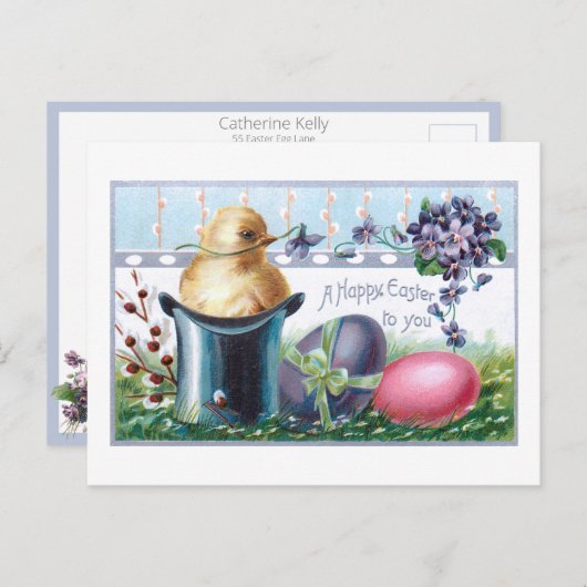 かわいいヴィンテージイースターエッグ、シック、トップハット ポストカード (正面/裏面)