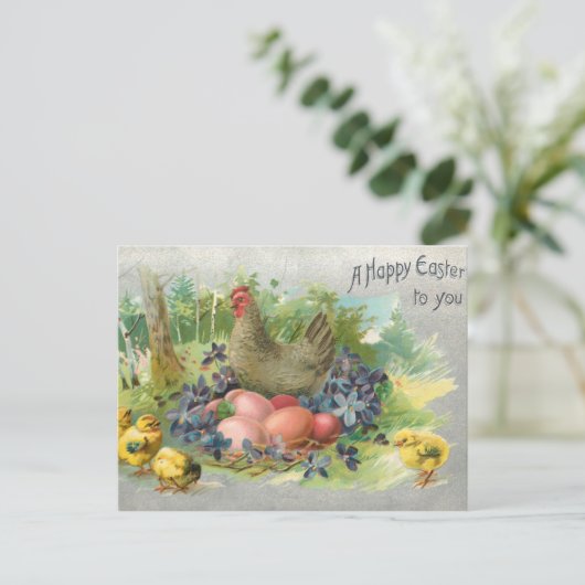 かわいいヴィンテージイースターエッグ、ヘン&チックス ポストカード (スタンド正面)