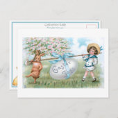 かわいいヴィンテージイースターバニーと子供 ポストカード (正面/裏面)