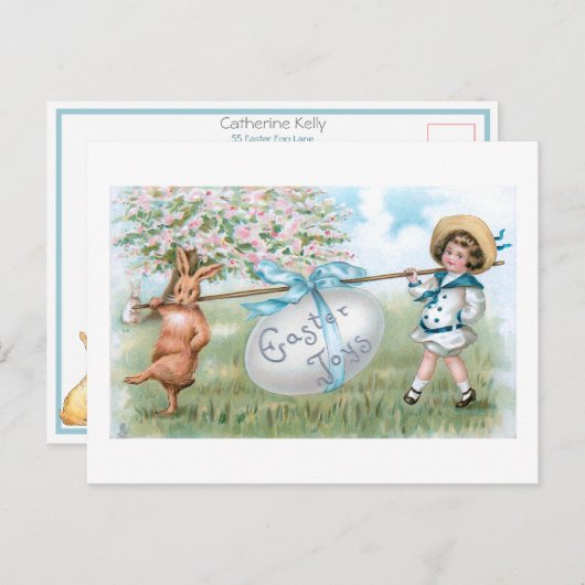 かわいいヴィンテージイースターバニーと子供 ポストカード (正面/裏面)