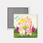 かわいいヴィンテージイースターバニーウサギとチューリップの花 マグネット (正面/裏面)