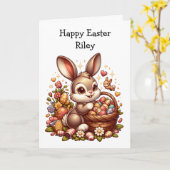 かわいいヴィンテージイースターバニー、バスケットと卵 カード (黄色い花)