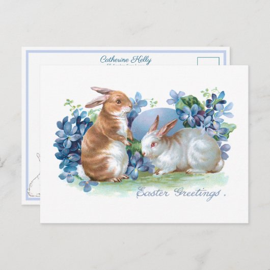 かわいいヴィンテージイースターバニー&ブルー忘れメノッツ ポストカード (正面/裏面)