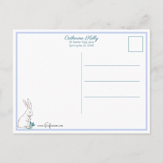 かわいいヴィンテージイースターバニー&ブルー忘れメノッツ ポストカード (裏面)