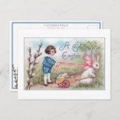 かわいいヴィンテージイースターラビット、少年、カート内の卵 ポストカード (正面/裏面)
