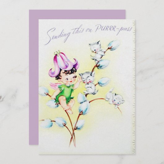 かわいいヴィンテージイースター猫にメッセージを添える シーズンカード (正面/裏面)