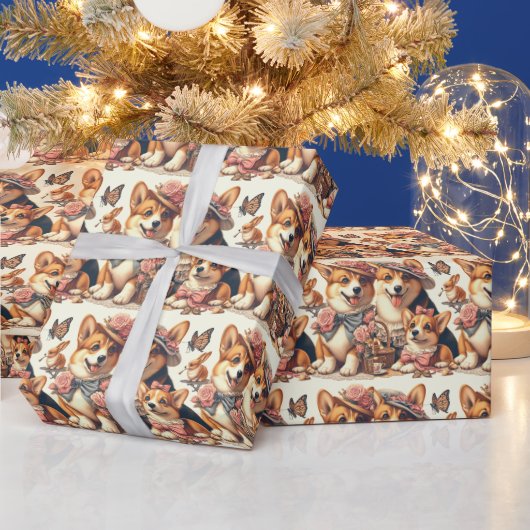 かわいいヴィンテージウェルシュコーギーカーディガン ラッピングペーパー (クリスマス)