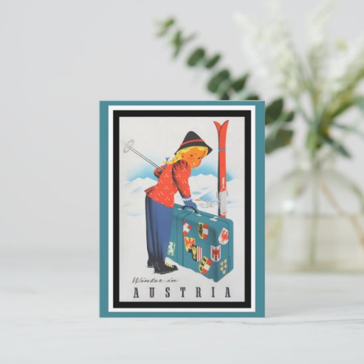 かわいいヴィンテージオーストリアアルプスマウンテンズスキートラベル ポストカード (スタンド正面)