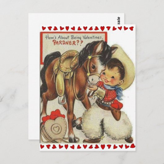 かわいいヴィンテージカウボーイ&ホースバレンタイン ポストカード (正面/裏面)