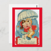 かわいいヴィンテージカップルのパラシュート1950年代のバレンタイン ポストカード (正面/裏面)