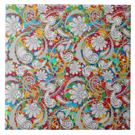 かわいいヴィンテージカラフルの白いペイズリーパターン タイル (正面)