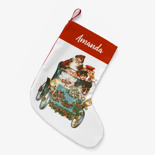 かわいいヴィンテージカー |サンタクロースのクリスマス スモールクリスマスストッキング (正面 (吊り時))