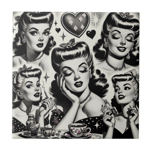 かわいいヴィンテージガールイラストレーション タイル (正面)