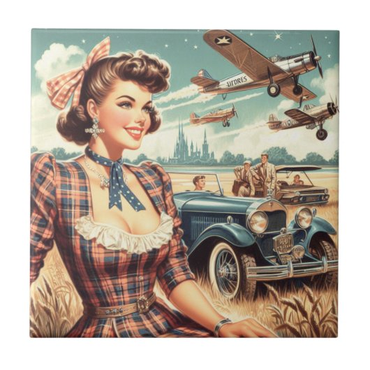 かわいいヴィンテージガールイラストレーション タイル (正面)