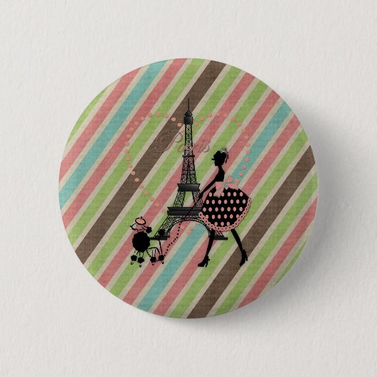 かわいいヴィンテージガールシルエット歩くフランスのプードル 缶バッジ (正面)