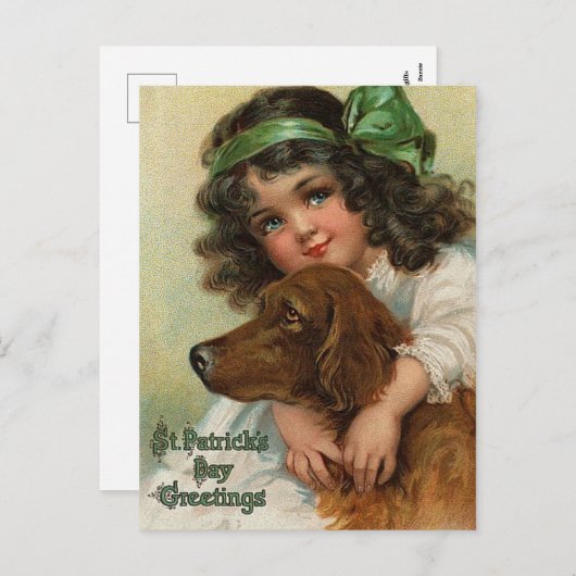 かわいいヴィンテージガールドッグ聖パトリックの日 シーズンポストカード (正面/裏面)