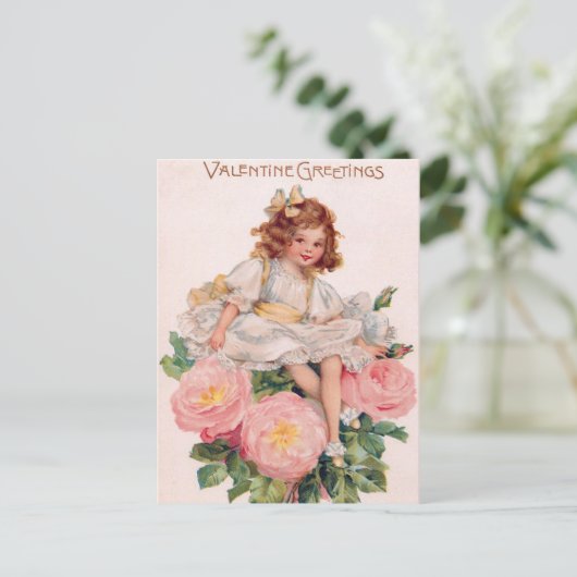 かわいいヴィンテージガールバレンタインの挨拶 ポストカード (スタンド正面)