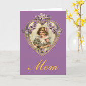 かわいいヴィンテージガール&キットンフローラハート カード (黄色い花)