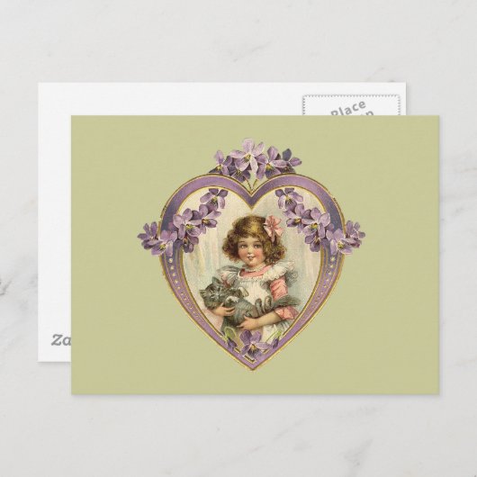 かわいいヴィンテージガール&キットンフローラハート ポストカード (正面/裏面)