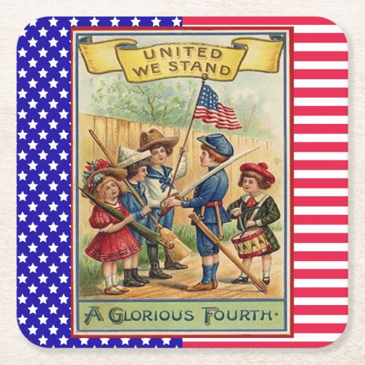 かわいいヴィンテージキッズ7月4日愛国国旗 スクエアペーパーコースター (正面)