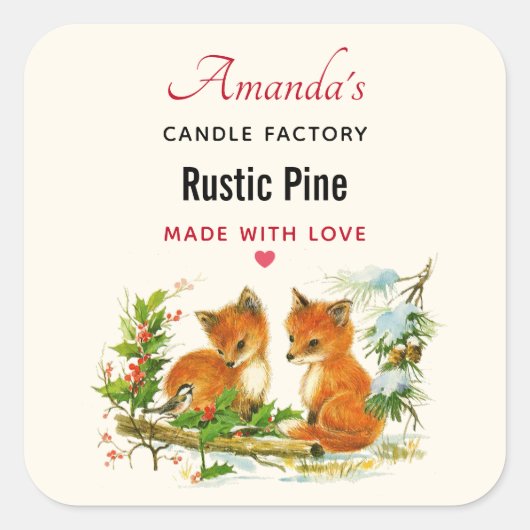 かわいいヴィンテージキツネレトロクリスマスキャンドルまたは石鹸 スクエアシール (正面)