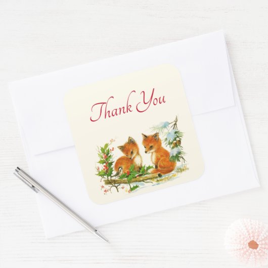 かわいいヴィンテージキツネレトロクリスマスシーンありがとう スクエアシール (封筒)