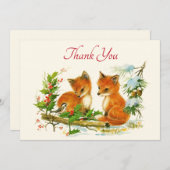 かわいいヴィンテージキツネレトロクリスマスシーン サンキューカード (正面/裏面)