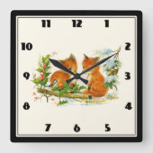 かわいいヴィンテージキツネレトロクリスマスシーン スクエア壁時計 (正面)