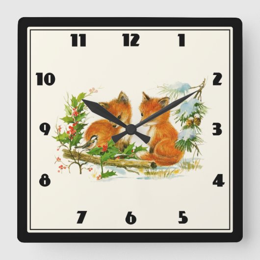 かわいいヴィンテージキツネレトロクリスマスシーン スクエア壁時計 (正面)