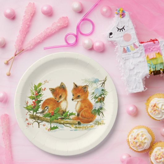 かわいいヴィンテージキツネレトロクリスマスシーン ペーパープレート (パーティー)