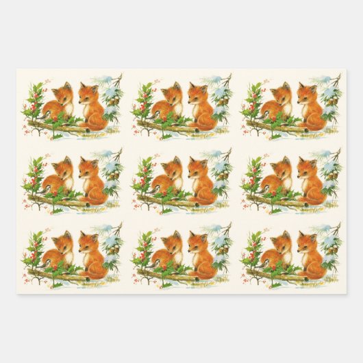 かわいいヴィンテージキツネレトロクリスマスシーン ラッピングペーパーシート (正面3)