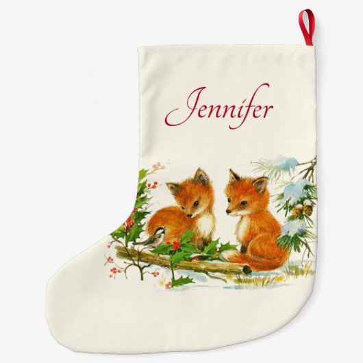 かわいいヴィンテージキツネレトロクリスマスシーン ラージクリスマスストッキング (裏面)