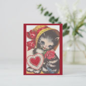 かわいいヴィンテージキティ猫インボンネット1950年代バレンタイン ポストカード (スタンド正面)