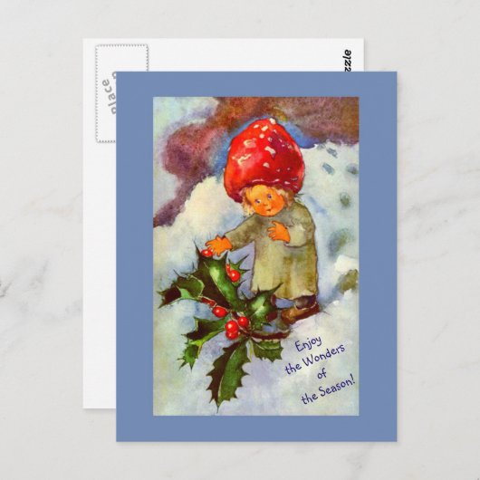 かわいいヴィンテージキノコ雪とホリーの子ども ポストカード (正面/裏面)