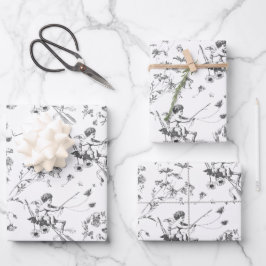 かわいいヴィンテージキューピッドエンジェル白黒フローラトワール ラッピングペーパーシート