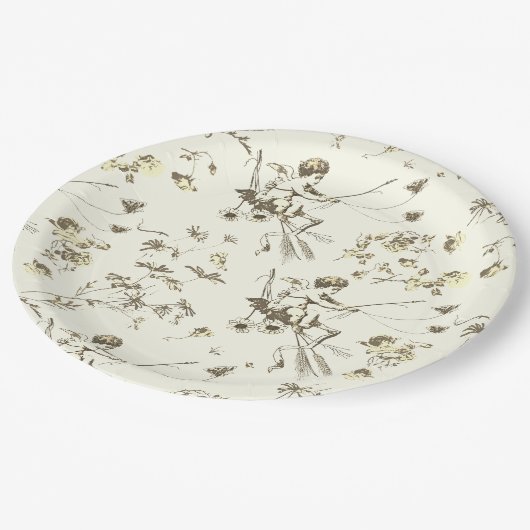 かわいいヴィンテージキューピッドエンジェル金ゴールドベージュフローラトワール ペーパープレート (アングル)