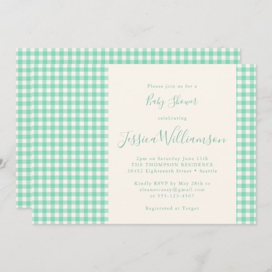 かわいいヴィンテージギンガムプレイドミントグリーンベビーシャワー 招待状 (正面/裏面)