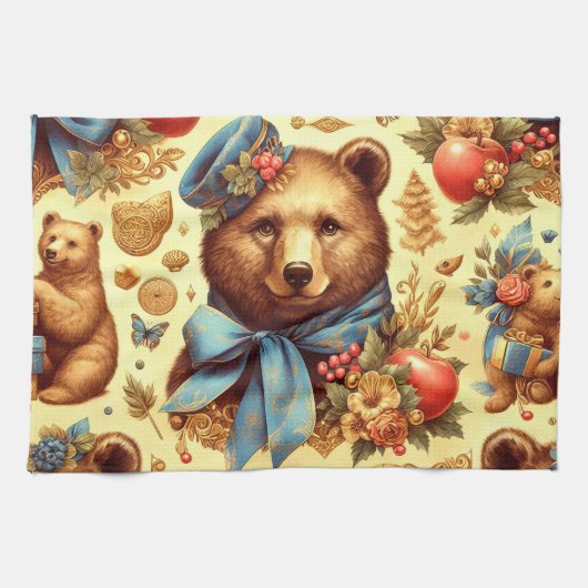 かわいいヴィンテージクマの水色 キッチンタオル (横)