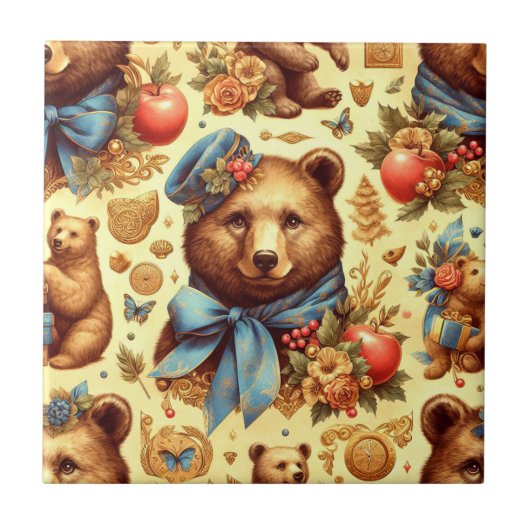 かわいいヴィンテージクマの水色 タイル (正面)