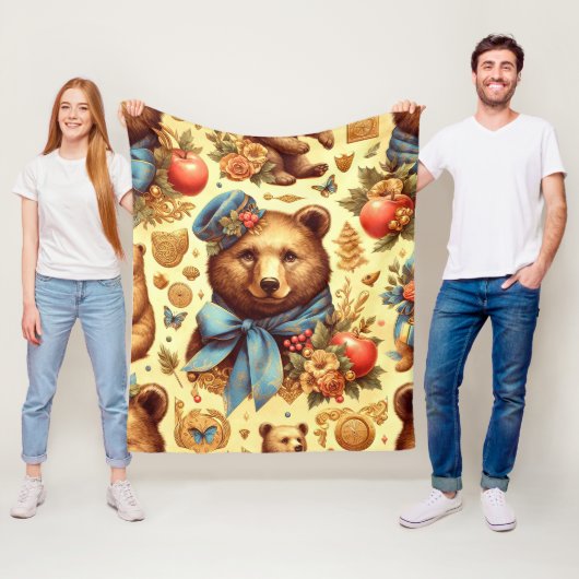 かわいいヴィンテージクマの水色 フリースブランケット (インサイチュ)