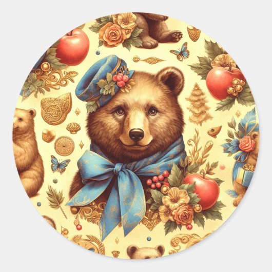 かわいいヴィンテージクマの水色 ラウンドシール (正面)