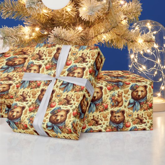 かわいいヴィンテージクマの水色 ラッピングペーパー (クリスマス)