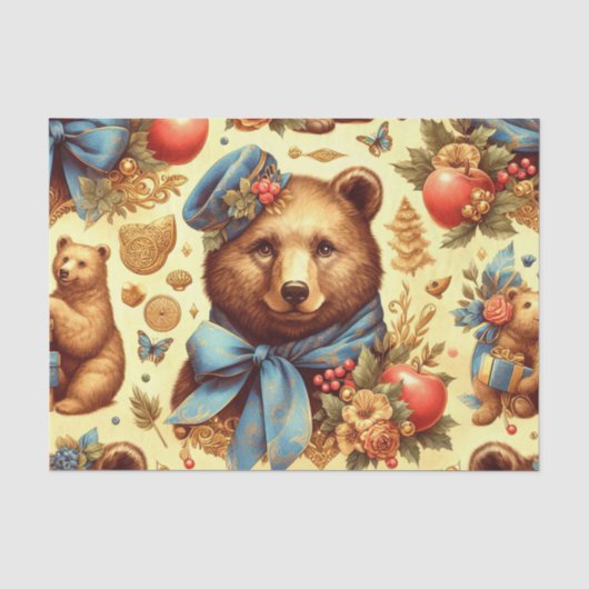 かわいいヴィンテージクマの水色 薄葉紙 (正面)