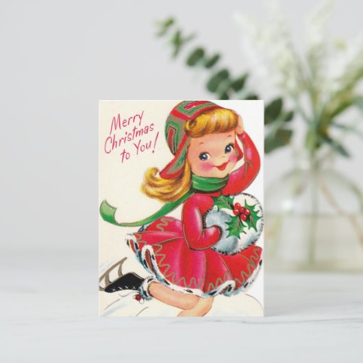 かわいいヴィンテージクリスマスの女の子 ポストカード (スタンド正面)