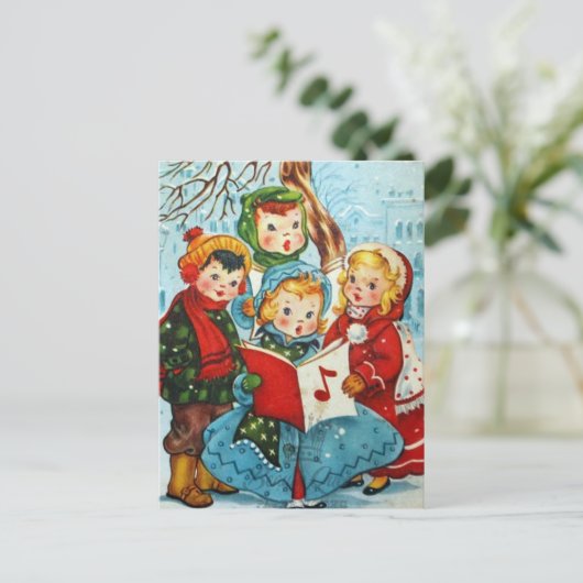 かわいいヴィンテージクリスマスの子供たち ポストカード (スタンド正面)