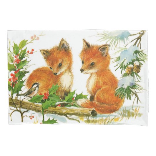 かわいいヴィンテージクリスマスキツネ 枕カバー (正面)