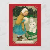 かわいいヴィンテージクリスマスグリーティングガール雪だるま ポストカード (正面)