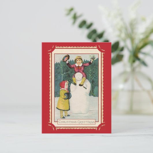 かわいいヴィンテージクリスマスグリーティングキッズ雪だるま ポストカード (スタンド正面)