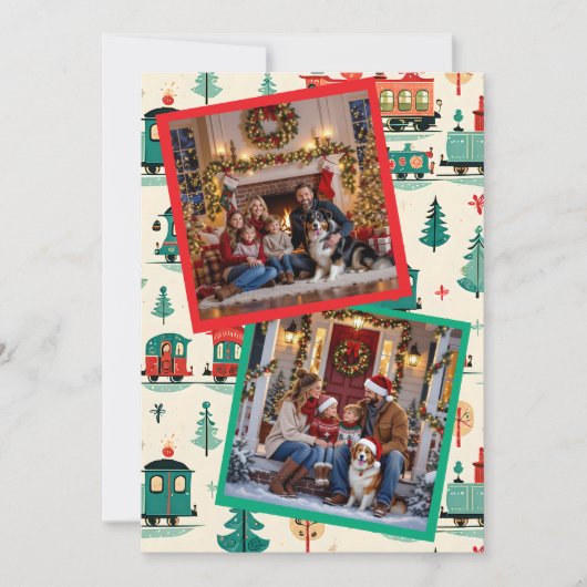 かわいいヴィンテージクリスマストレインと家族写真 シーズンカード (正面)