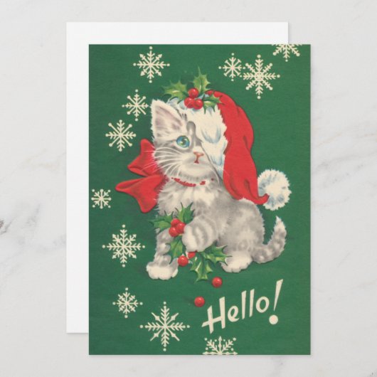 かわいいヴィンテージグリーンレッドクリスマスキャット シーズンカード (正面/裏面)